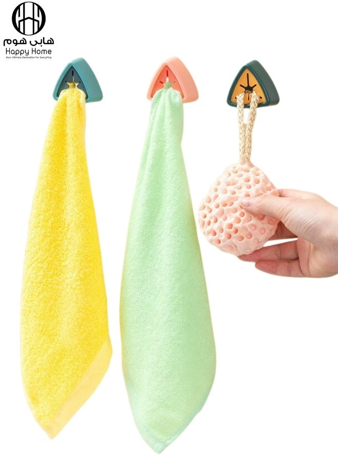 Happy Home 4 PCS Adhesive Hooks – Multi-Purpose Wall Hooks for Hanging Towels, Cloths, Gloves, and Kitchen or Bathroom Accessories, Hand Towel Holder with Triangle Design and Soft PVC Center, Easy to Install on Walls, Glass, or Cabinets, Strong Silicone Grip to Secure Items Without Damage, Perfect for Home Organization - Image 1